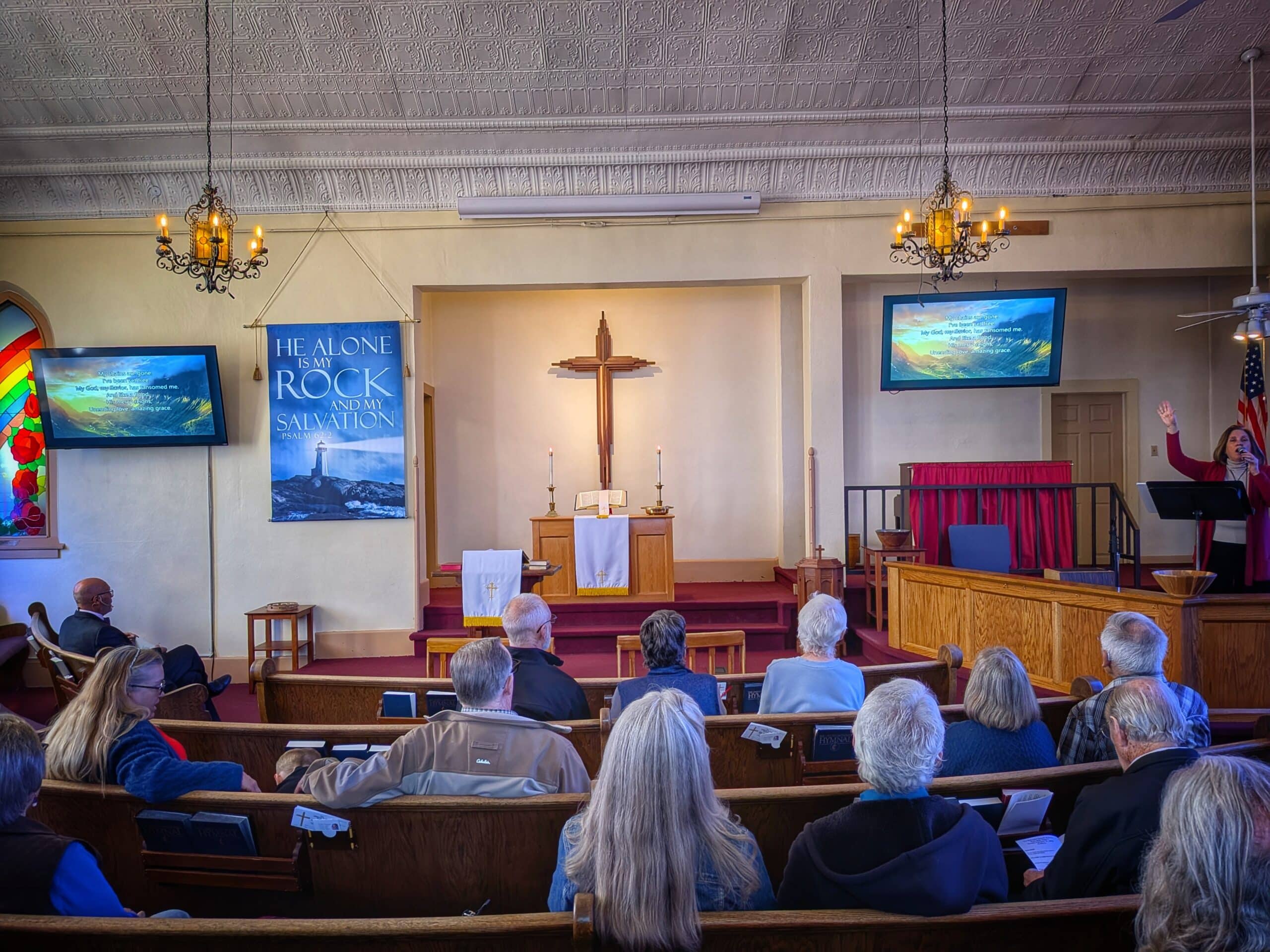 Sunday worship in the sanctuary, seen from the pews